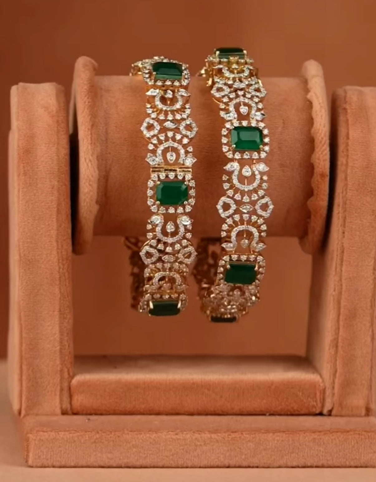 Symetric Real Diamond Bangles with green accents
