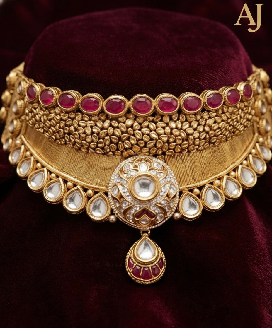 Rajwada Ruby Blossom Choker with Petal Earrings| Kundan | 916 Hallmarked