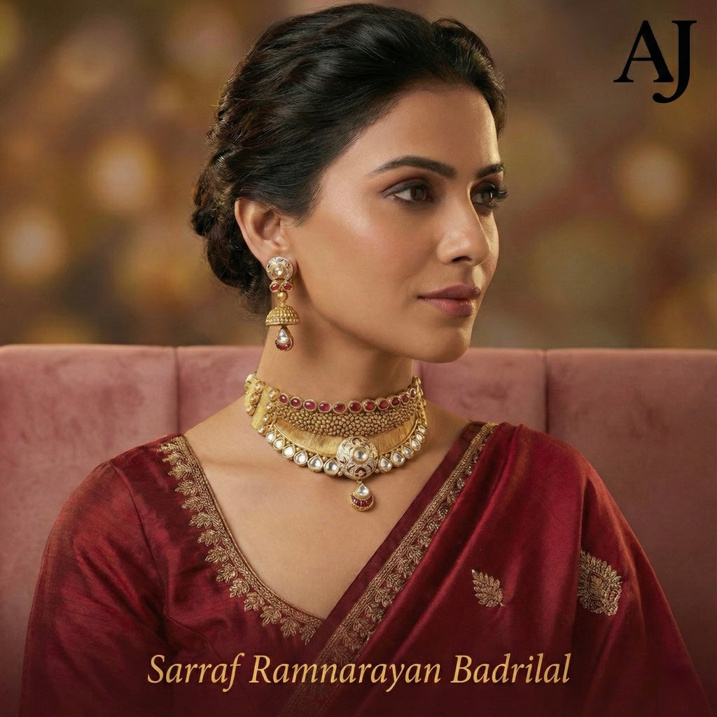 Rajwada Ruby Blossom Choker with Petal Earrings| Kundan | 916 Hallmarked